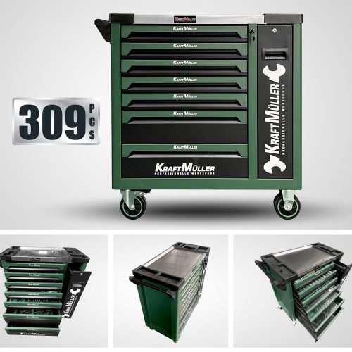 SERVANTE D’ATELIER KRAFT MULLER KM-XXL-8/7 TOOL VERT ARMEE, 309 OUTILS AVEC CLÉ DYNAMO, 7 TIROIRS/1 PORTE FAÇADE, ROULETTES